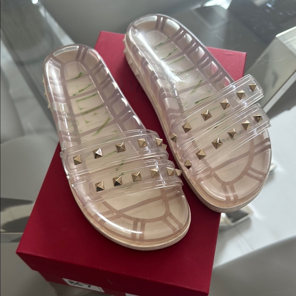 Valentino Clear and Gold Studded Sandals Size 38